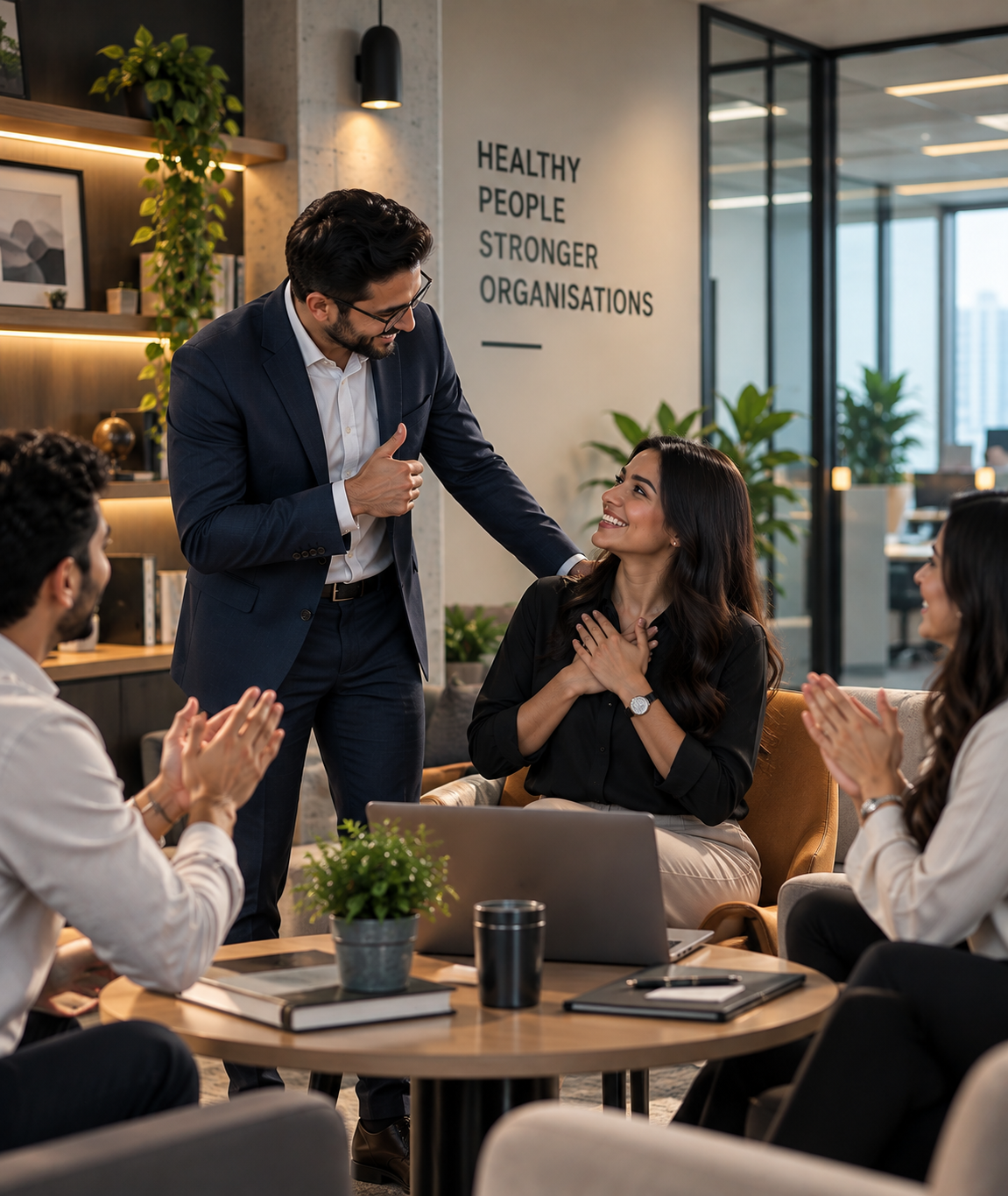 A diverse team of colleagues talking together at work